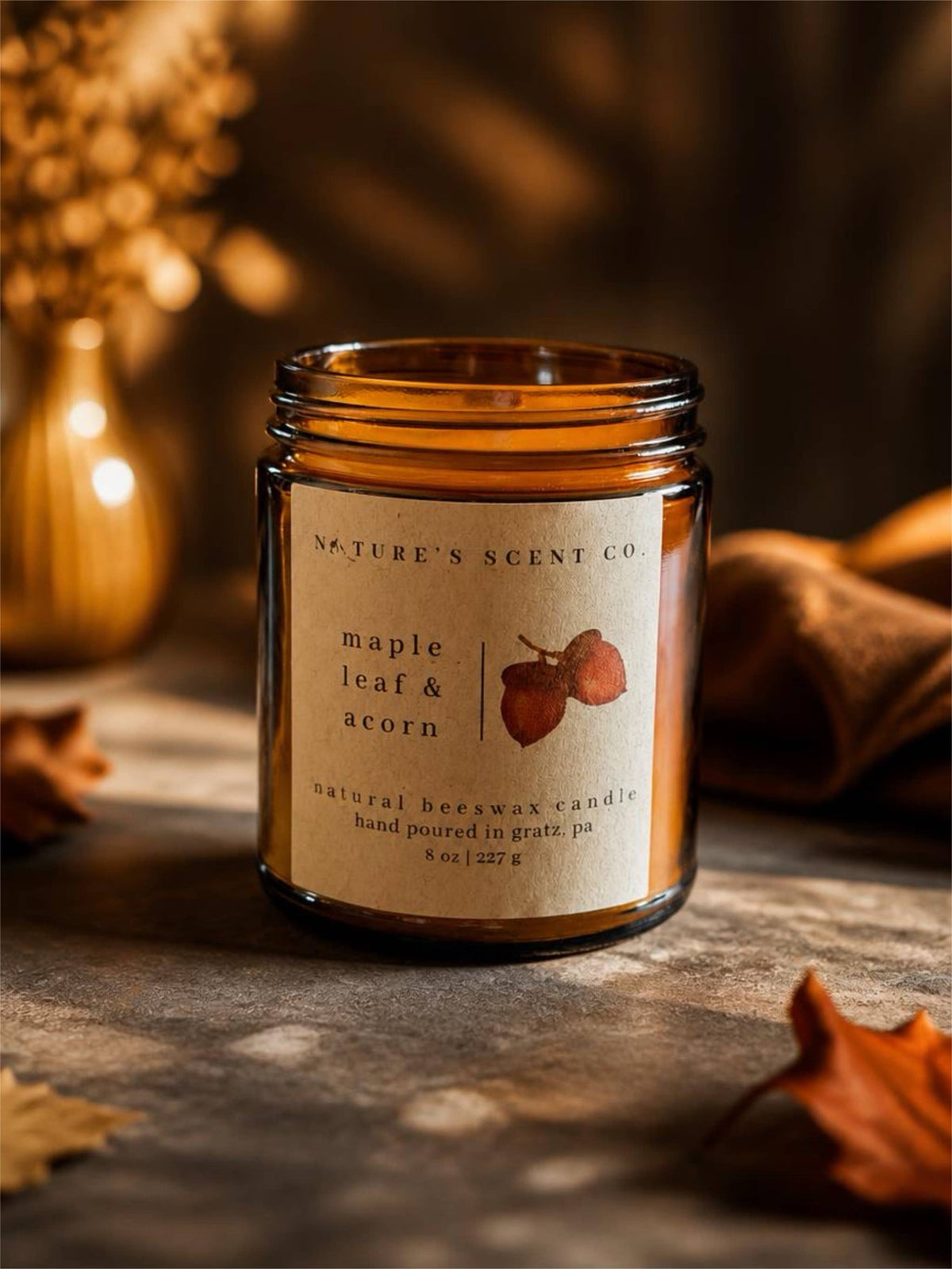 Maple Leaf & Acorn | Beeswax Candle
