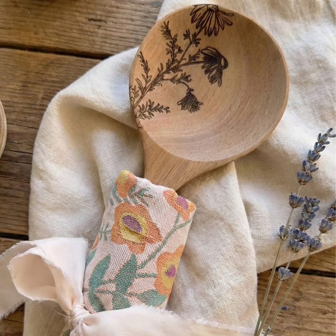 Floral Engraved Acacia Wood Spoon & Reversible Towel Set