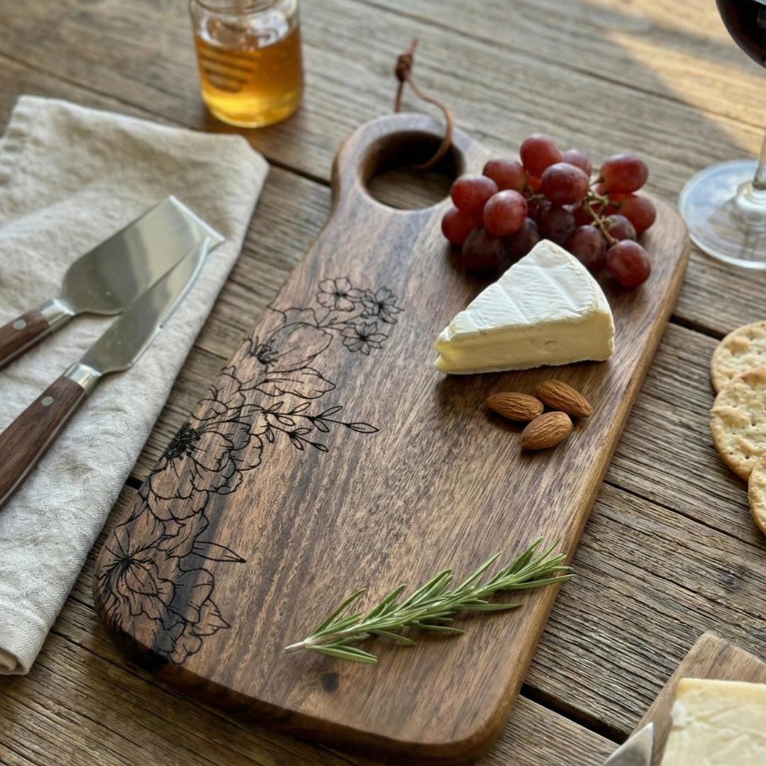 Floral Laser Engraved Bread Board with Handle