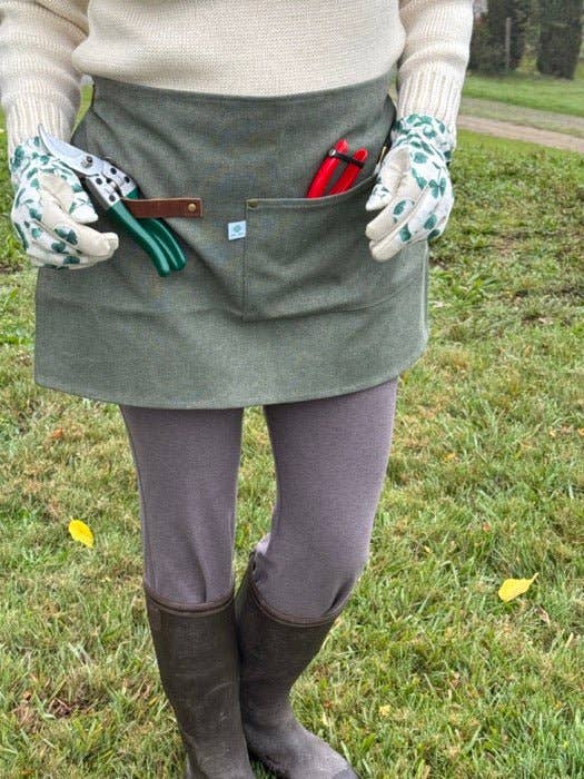 Hunter Green Waxed Canvas Half Apron with Real Leather Strap