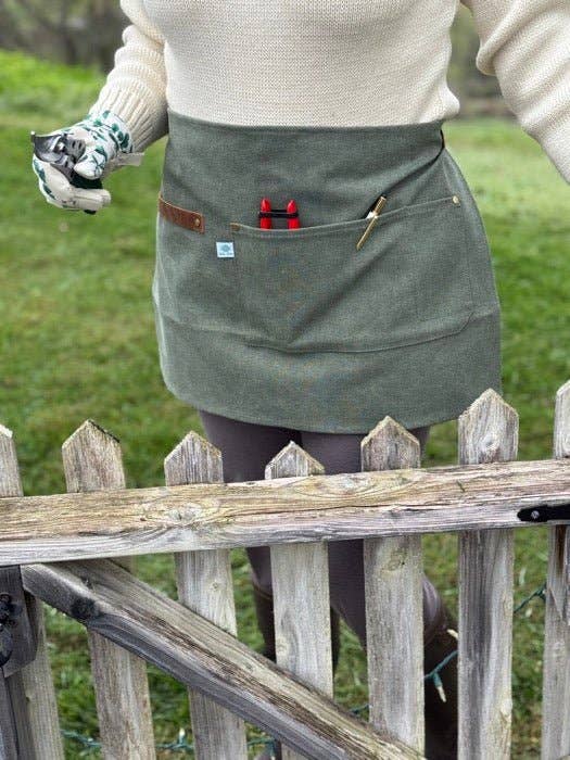 Hunter Green Waxed Canvas Half Apron with Real Leather Strap