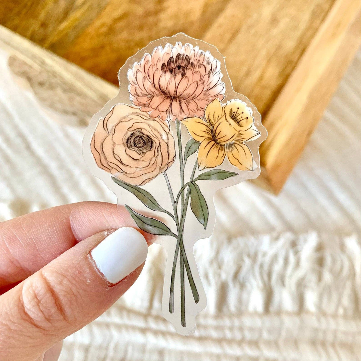 Clear Daffodil and Chrysanthemum Sticker, 3x2in.